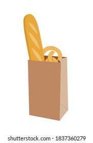 Vector illustration of an ecological paper package with baguette and pretzel. Hand-drawn set isolated on white background. Say no to plastic bags. Ecological paper package. Zero waste. 