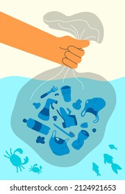 Ilustración vectorial de problemas ecológicos. Caricatura con una bolsa de plástico llena de basura. Afiche motivacional para mantener nuestro planeta.