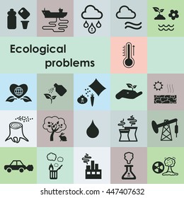 vector illustration / ecological problems icons set including air pollution soil poisoning acid rains and global warming