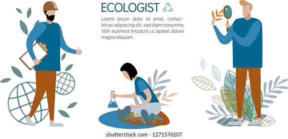 Vector illustration ecologists study water, plants and planet on an isolated white background. Set of three images