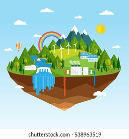 Vector illustration of ecology concept of green energy. Renewable sources of energy like hydro, solar, geothermal and wind power generation facilities. Clean green island soaring in the sky.