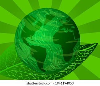 Vector Illustration. Ecology. Earth on green leaf on green background.