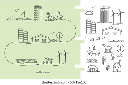 Vector illustration ecology farm infographic with icons thin lines style. Flat design rural landscape. Set elements with road house and wind mill,tractor, sun and farm animals.