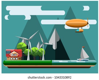 
Vector illustration of ecology, house, windmills, solar battery, solar energy, earth day, boat, airship, lake, mountains, trees, renewable energy. Background flat design. Style