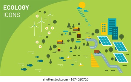 Vector illustration of ecology icons. Infographic concept for logo, banner, publishing, web, graphic design. Organic and natural emblem. Recycling ecological design. Alternative energy