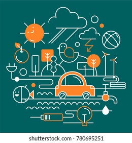 Vector illustration of ecology problem, generation and saving green energy. Design for posters, books and website
