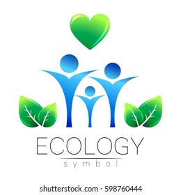 Vector illustration of Ecology symbol. Sign logotype with human family heart and leaf isolated on white background. Green and blue color. Eco icon for card, web, business, logo. Bio nature element 