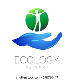Vector illustration of Ecology symbol. Sign Logotype with hand and human isolated on white background. Green and blue color. Eco icon for card, web, business, logo. Bio nature element