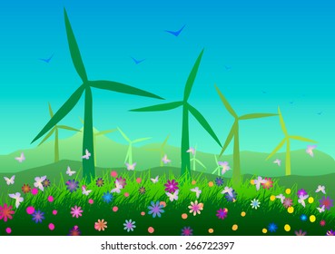 Vector illustration. Ecology. Wind power plants and flowering meadows.