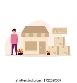 Vector illustration of e-commerce concept. man in front of his shop. vector illustration of flat style.