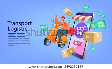 Vector illustration of e-commerce logistics. A courier on a scooter exits a mobile online store, representing fast shipping, transport services, and parcel delivery.
