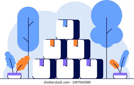 Vector Illustration ecommerce marketplace goods supply in the warehouse piles of goods groceries online shopping shop flat and outline design style