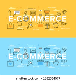 Vector illustration of e-commerce, online shopping and retail with icons and text for app, web, graphic design, banner, background, websites, infographics, advertisement. Internet shops and discounts