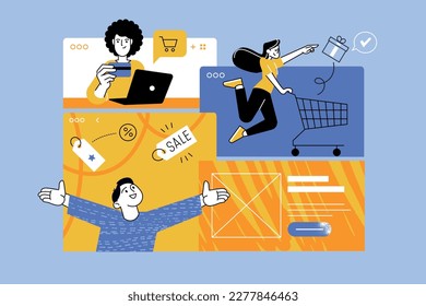 Vector illustration of e-commerce, online shopping, sale, online shop. Creative concept for web banner, social media banner, business presentation, marketing material.