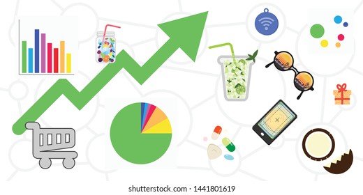 ilustración vectorial de las plataformas de comercio electrónico de productos de tendencia con flecha verde de crecimiento