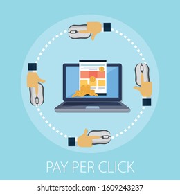 Vector illustration of ecommerce and strategy concept with "pay per click" marketing and advertising icon.