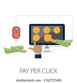 Vector illustration of ecommerce & strategy concept with "pay per click" marketing and advertising icon.
