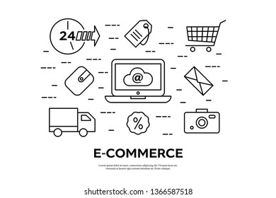 Vector illustration with e-commerce thin line icons. The concept for digital business marketing background. 