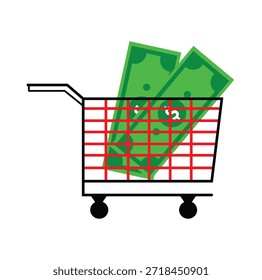 Ilustración vectorial del concepto económico de los billetes en dólares en un Carrito de compras. Finanzas, inflación.