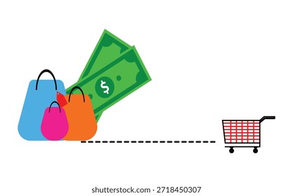 Ilustração vetorial do conceito econômico de compras e transações financeiras em uma loja usando um carrinho de compras. Dólares, compra e venda, dinheiro, sacolas de compras.