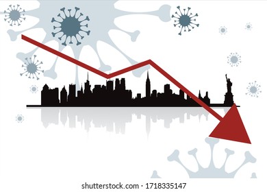 Vector illustration of economic crisis induced by coronavirus with New York city symbol.