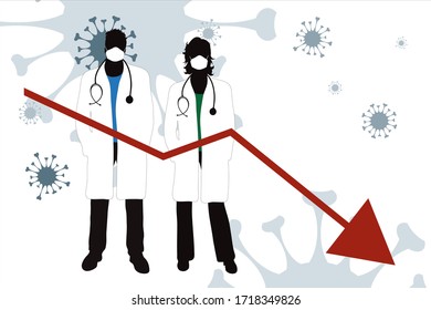 Vector illustration of economic crisis induced by coronavirus symbol and couple of doctors.