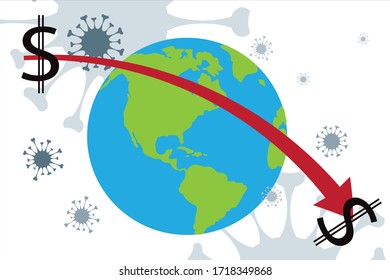 Vector illustration of economic crisis induced by coronavirus with dollar symbol.