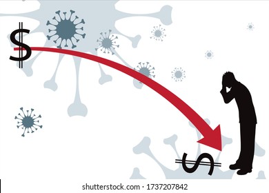 Vector illustration of economic crisis induced by coronavirus with businessman symbol.