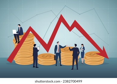 Ilustración de vectores, recesión económica, lucro cesante, negocios y finanzas, crisis 。 Empresarios y mujeres discuten sobre cifras financieras y encuentran la manera de salvarlas.