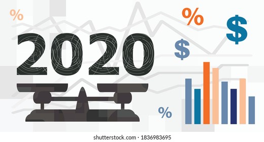 vector illustration of economic report and summary of 2020 year with beam balance and money symbols