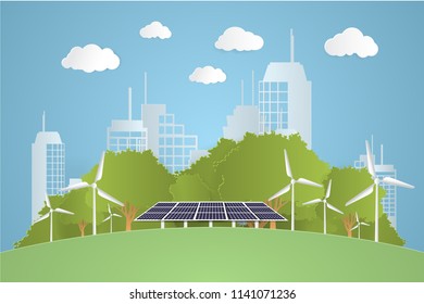 Vector illustration of ecosystem concept. Alternative energy solar and wind.