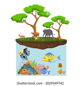 Vector illustration of ecosystem life of living things on land and in water, natural beauty