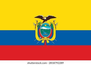 Vector illustration of the Ecuadorian flag featuring horizontal yellow, blue, and red stripes with the national coat of arms in the center.