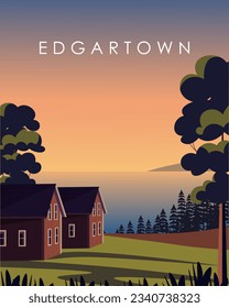 Vector illustration Edgartown. USA. Design for poster, banner, travel postcard. Tourism, recreation. America. Design for packaging. Village, cute houses, nature.