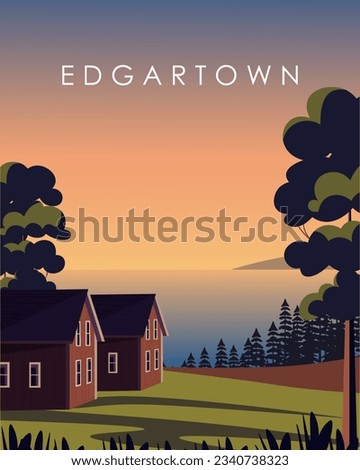 Vector illustration Edgartown. USA. Design for poster, banner, travel postcard. Tourism, recreation. America. Design for packaging. Village, cute houses, nature.
