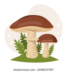 Vector illustration. Edible mushroom with a brown cap in the grass. Boletus mushroom.