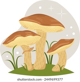 Vector illustration. Edible mushroom with a brown cap in the grass. Butterfly mushroom.