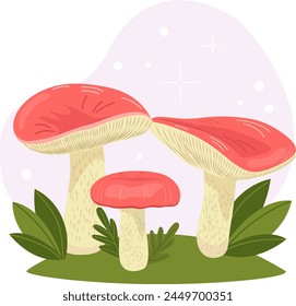 Vector illustration. Edible mushroom with a red cap in the grass. Russula mushroom.