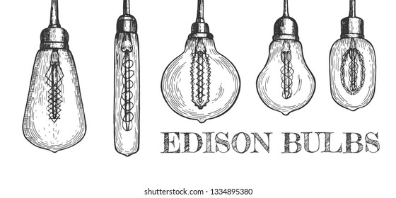 Vector illustration of edison bulbs set. Five decorative lights in classic, retro and different geometric loft forms. Vintage hand drawn style.