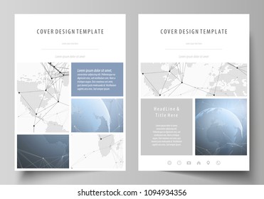 The vector illustration of the editable layout of A4 format covers design templates for brochure, magazine, flyer, booklet, report. World globe on blue. Global network connections, lines and dots.
