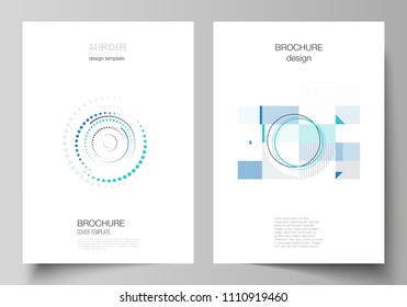 The vector illustration of the editable layout of A4 format cover mockups design templates with geometric background made from dots, circles, rectangles for brochure, magazine, flyer, booklet, report.