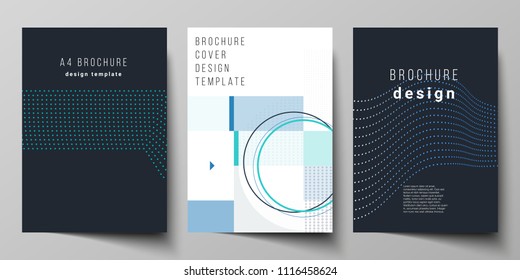 The vector illustration of the editable layout of A4 format cover mockups design templates with geometric background made from dots, circles, rectangles for brochure, magazine, flyer, booklet, report.