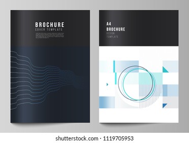 The vector illustration of the editable layout of A4 format cover mockups design templates with geometric background made from dots, circles, rectangles for brochure, magazine, flyer, booklet, report.