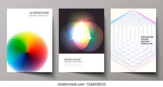 The vector illustration of the editable layout of A4 format modern cover mockups design templates for brochure, magazine, flyer, booklet, annual report. Abstract colorful geometric backgrounds