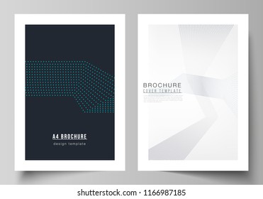 The vector illustration of the editable layout of A4 format cover mockups design templates with geometric background made from dots for brochure, magazine, flyer, booklet, annual report