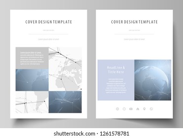 The vector illustration of the editable layout of A4 format covers design templates for brochure, magazine, flyer, booklet, report. World globe on blue. Global network connections, lines and dots.