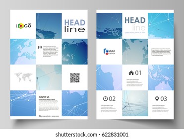 The vector illustration of the editable layout of A4 format covers design templates for brochure, magazine, flyer, booklet, report. World map on blue, geometric technology design, polygonal texture.