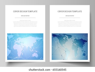 The vector illustration of the editable layout of A4 format covers design templates for brochure, magazine, flyer, booklet, report. World map on blue, geometric technology design, polygonal texture