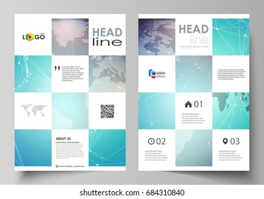 The vector illustration of the editable layout of A4 format covers design templates for brochure, magazine, flyer, booklet, report. Molecule structure, connecting lines and dots. Technology concept.