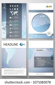 The vector illustration of the editable layout of four A4 format covers with the circle design templates for brochure, magazine, flyer. Technology concept. Molecule structure, connecting background.